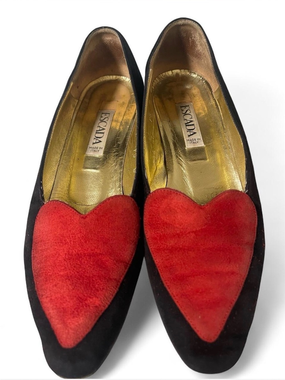 VTG Escada Black & Red Suede Heart Toe Loafers Size 7B Made in Italy
